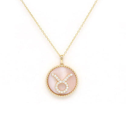 14K Gold Pink Mother of Pearl & Diamond Taurus Zodiac Medallion