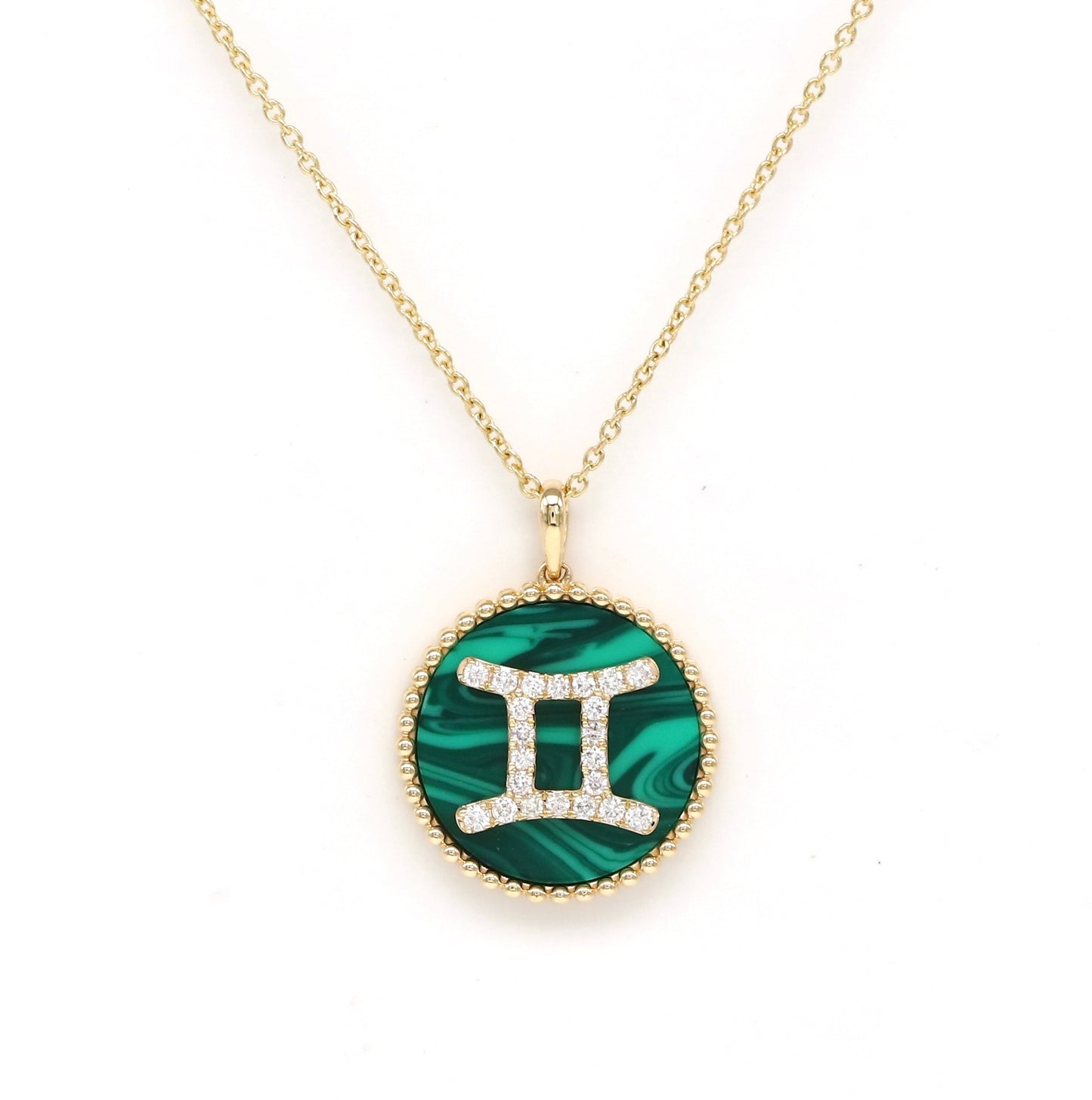 14K Gold Malachite & Diamond Gemini Zodiac Medallion