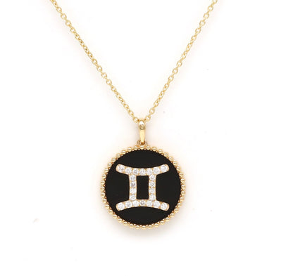 14K Gold Onyx & Diamond Gemini Zodiac Medallion