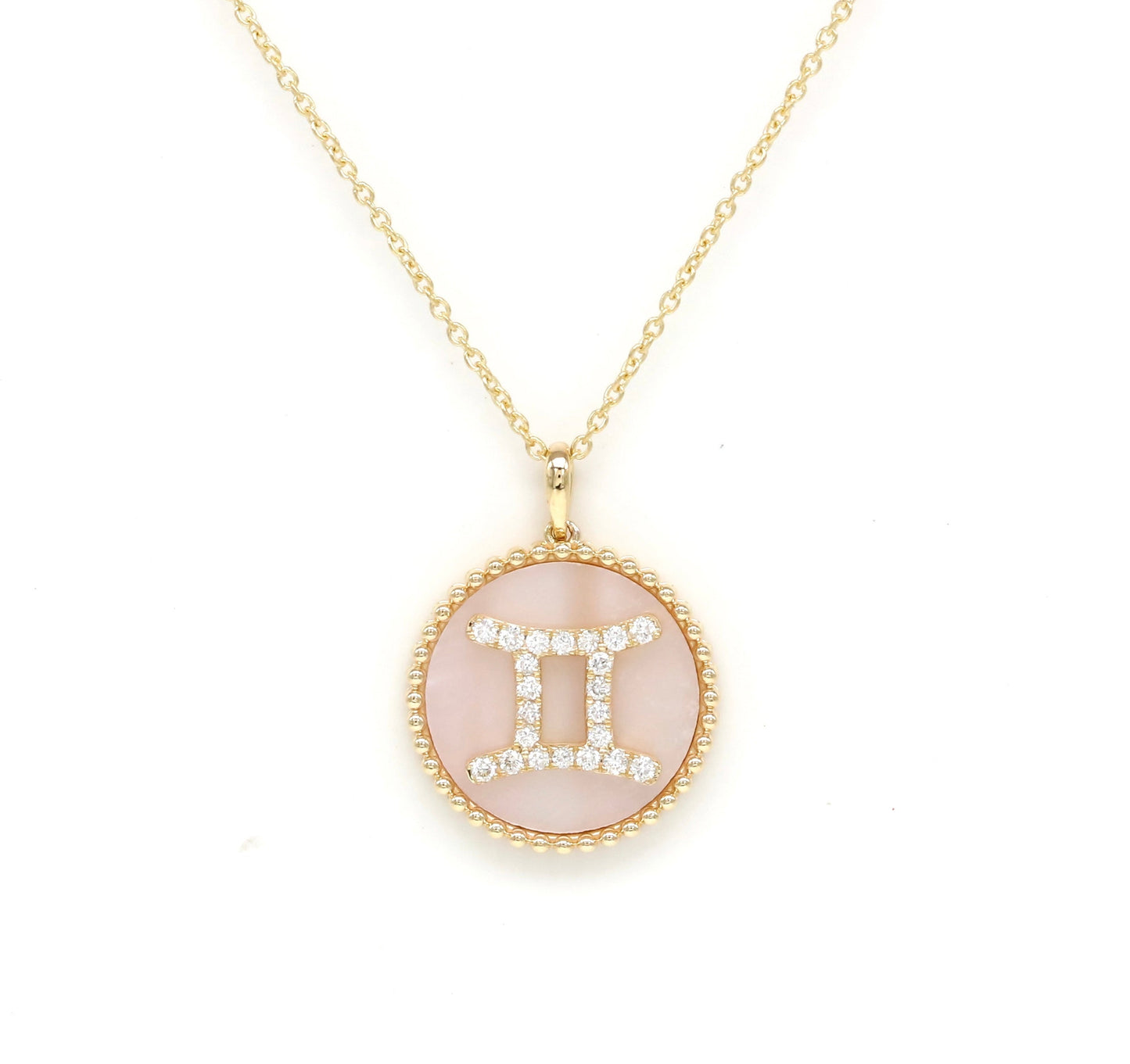 14K Gold Pink Mother of Pearl & Diamond Gemini Zodiac Medallion