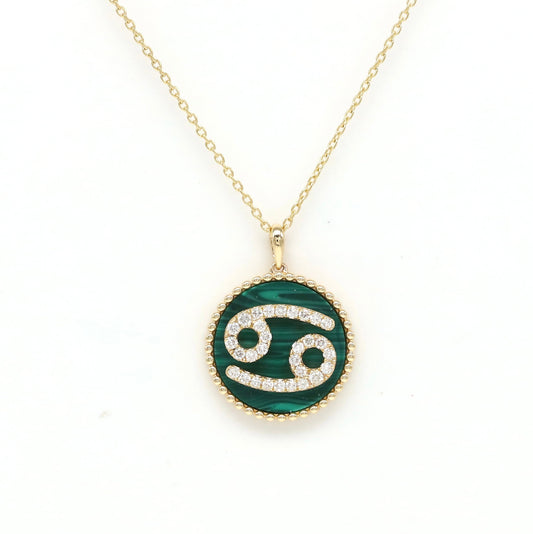 14K Gold Malachite & Diamond Cancer Zodiac Medallion