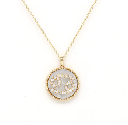 14K Gold White Mother of Pearl & Diamond Cancer Zodiac Medallion