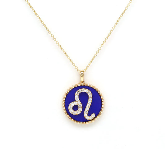 14K Gold Lapis & Diamond Leo Zodiac Medallion