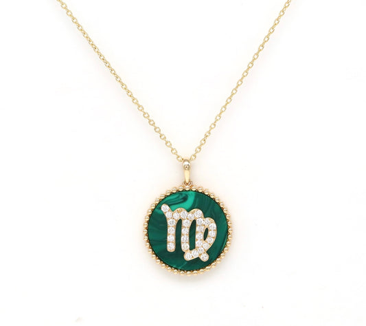 14K Gold Malachite & Diamond Virgo Zodiac Medallion