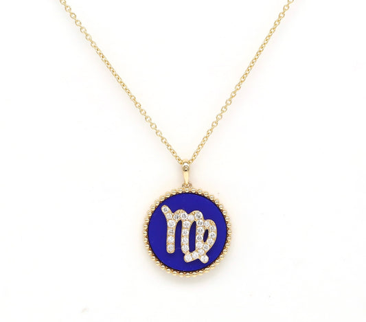 14K Gold Lapis & Diamond Virgo Zodiac Medallion