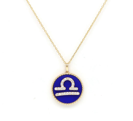 14K Gold Lapis & Diamond Libra Zodiac Medallion