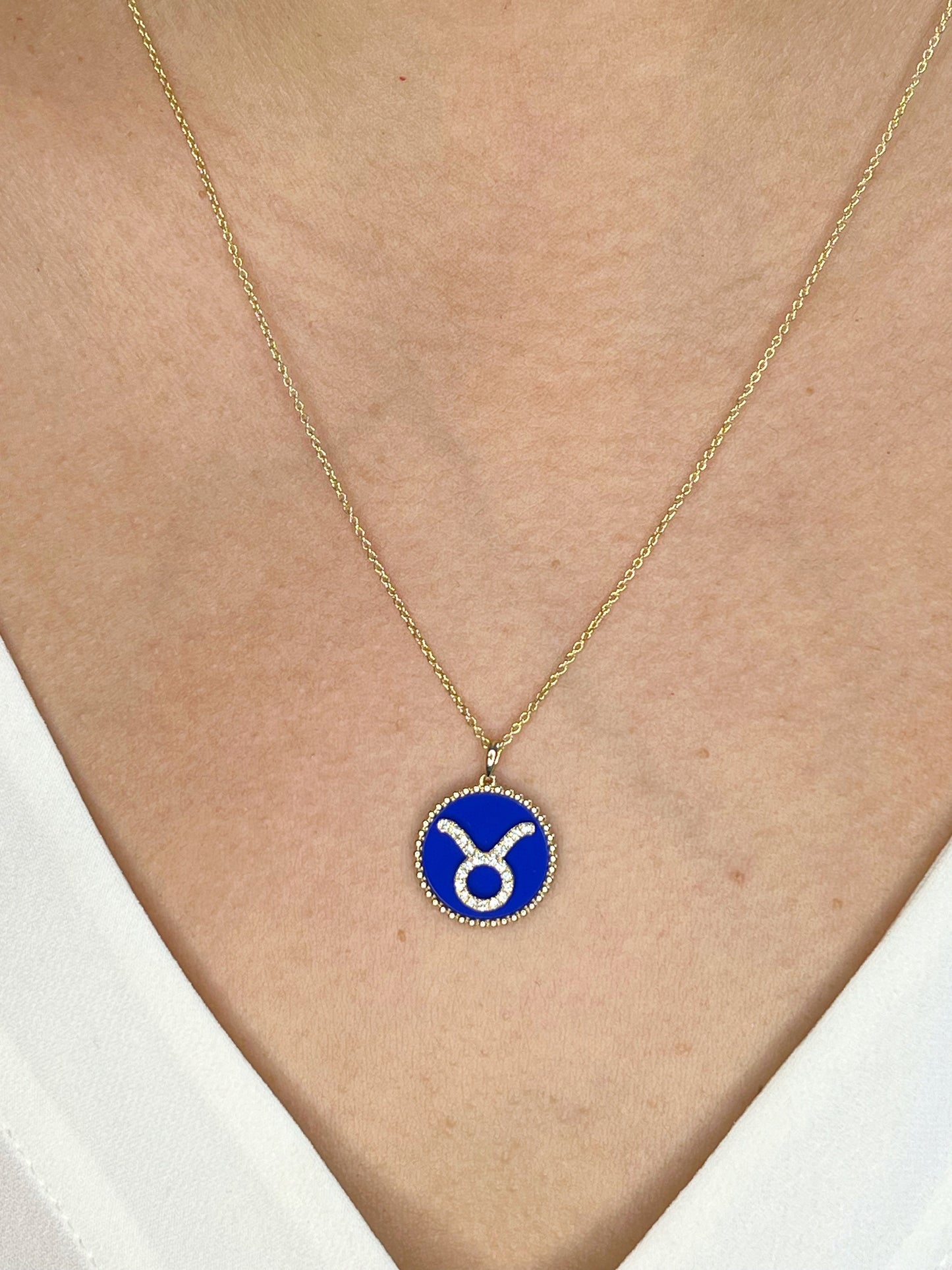 14K Gold Lapis & Diamond Taurus Zodiac Medallion