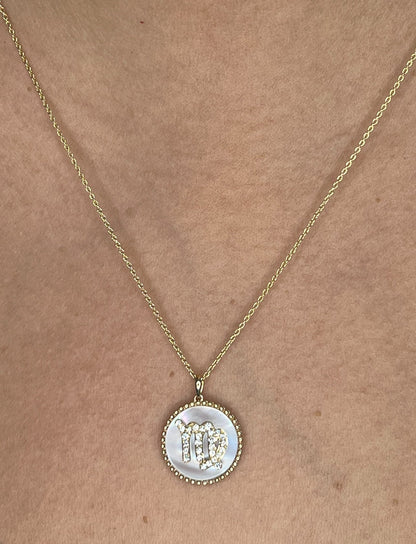 14K Gold White Mother of pearl & Diamond Virgo Zodiac Medallion