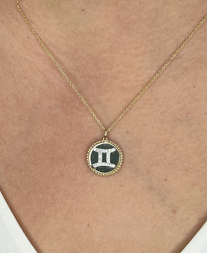 14K Gold Malachite & Diamond Gemini Zodiac Medallion