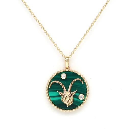 14K Gold Malachite & Diamond Capricorn Horoscope Medallion