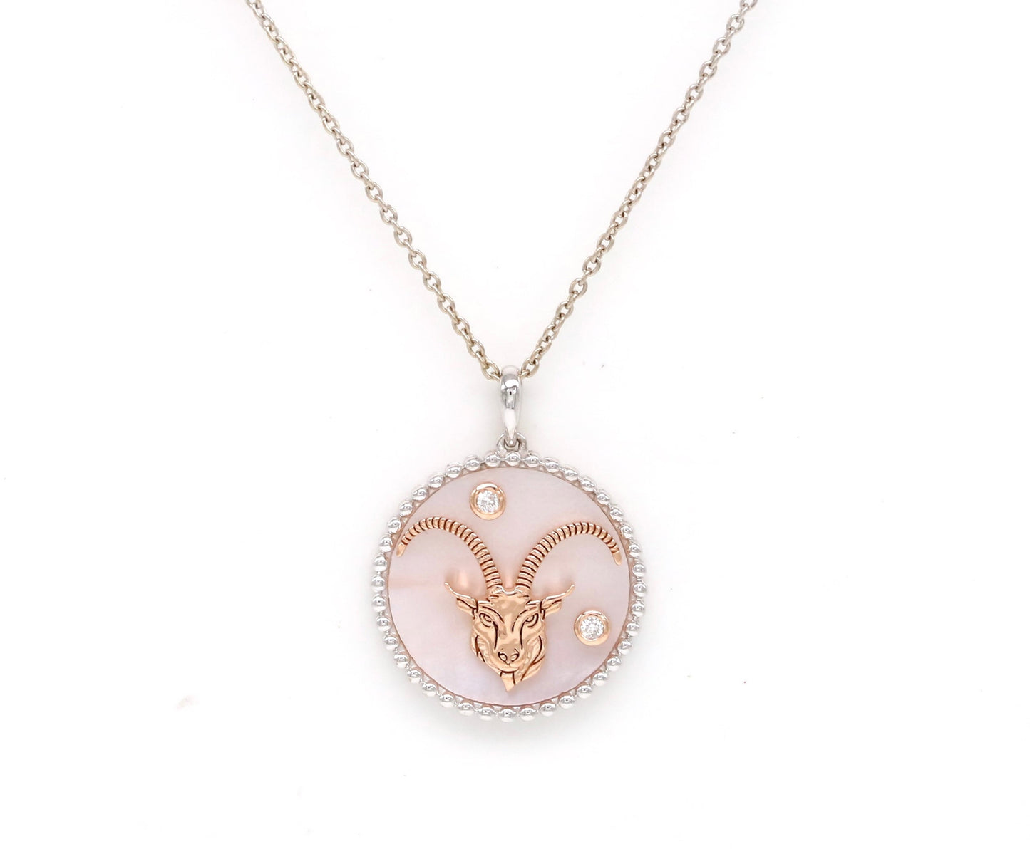 14K Gold Pink Mother of Pearl & Diamond Capricorn Horoscope Medallion