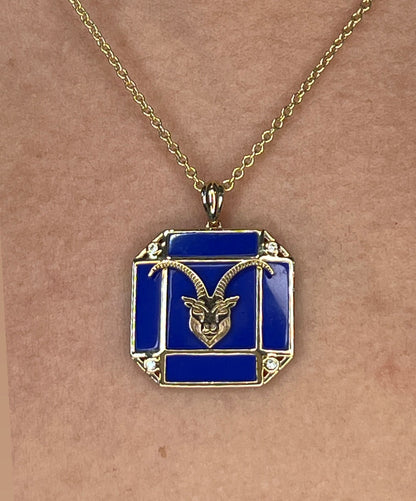 14K Gold Lapis & Diamond Capricorn Horoscope Square Pendant Necklace