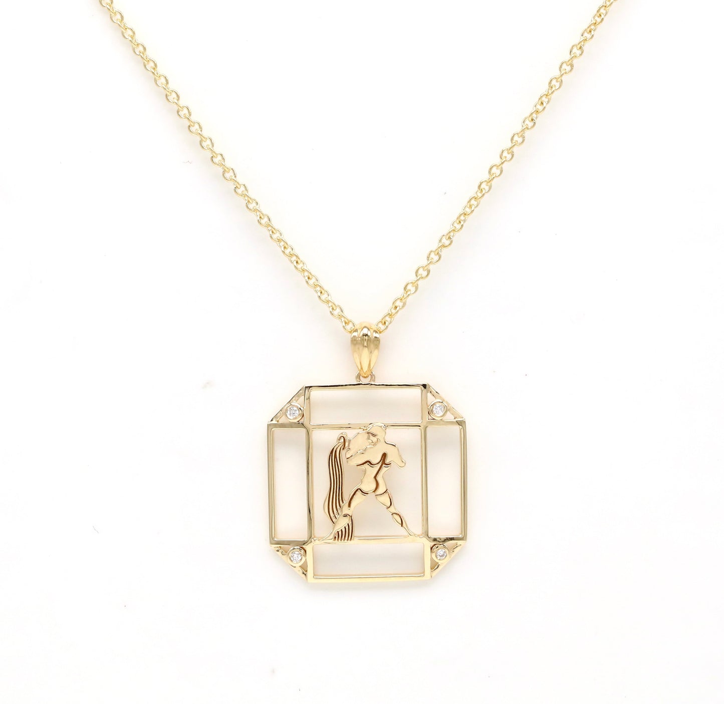 14K Gold & Diamond Aquarius Horoscope Square Pendant Necklace