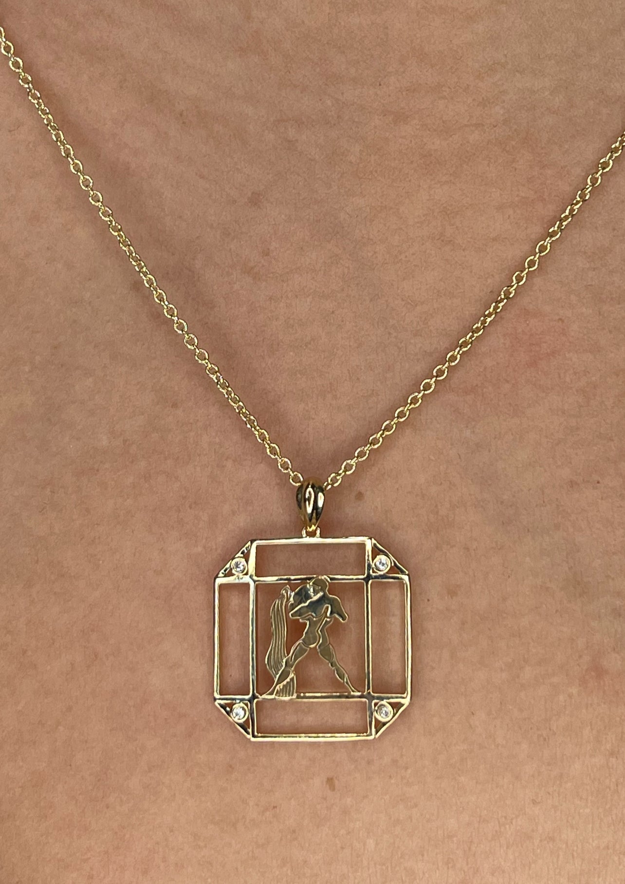 14K Gold & Diamond Aquarius Horoscope Square Pendant Necklace