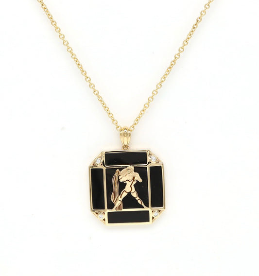 14K Gold Onyx & Diamond Aquarius Horoscope Square Pendant Necklace