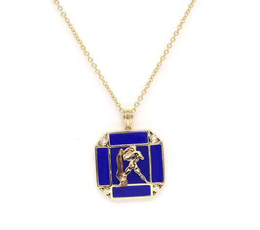 14K Gold Lapis & Diamond Aquarius Horoscope Square Pendant Necklace