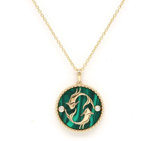 14K Gold Malachite & Diamond Pisces Horoscope Medallion