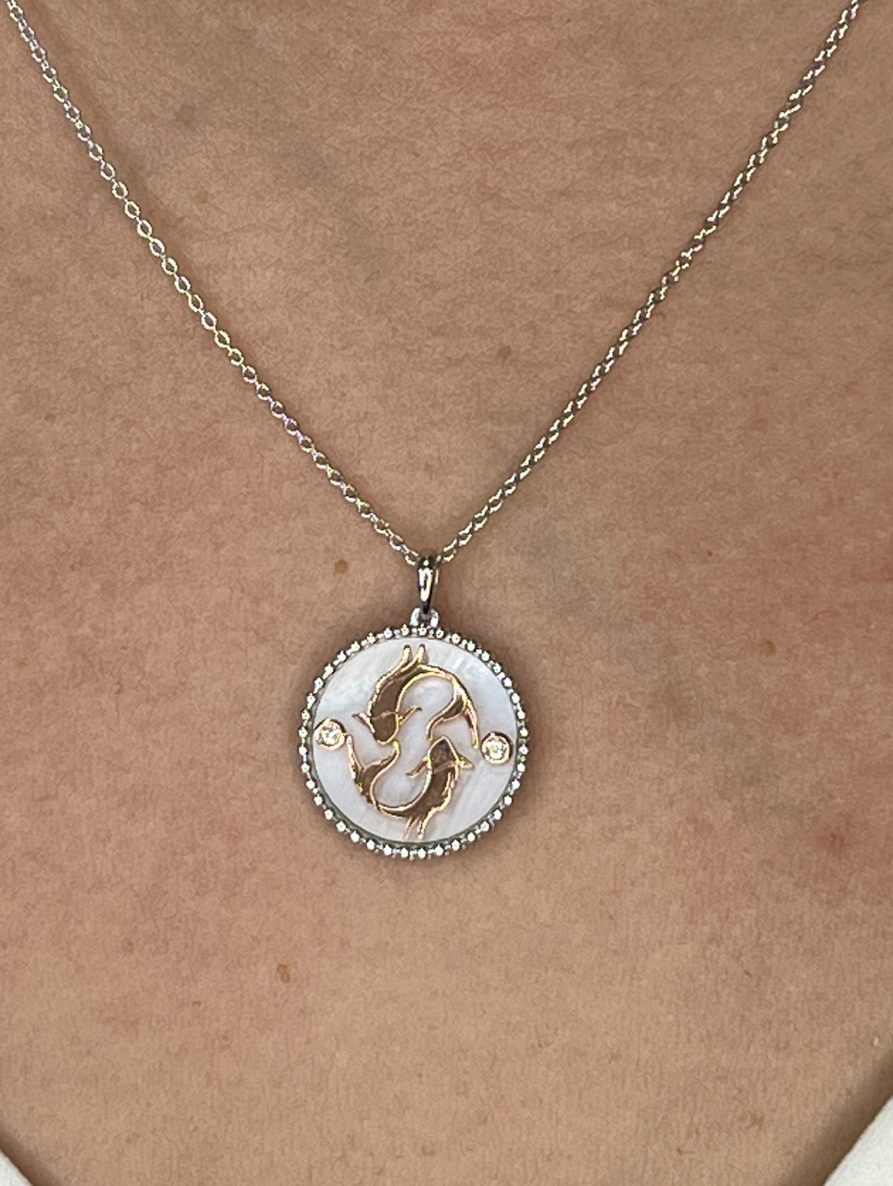 14K Two-toned Gold White Pink Mother of Pearl & Diamond Pisces Horoscope Medallion