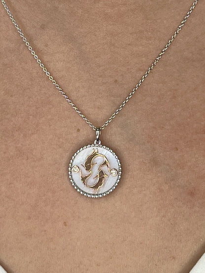 14K Two-toned Gold White Pink Mother of Pearl & Diamond Pisces Horoscope Medallion