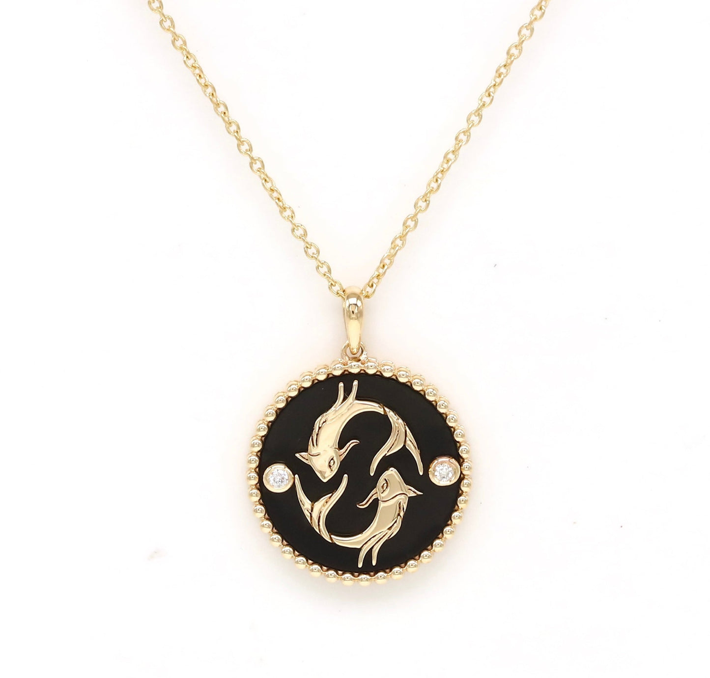 14K Gold Onyx & Diamond Pisces Horoscope Medallion