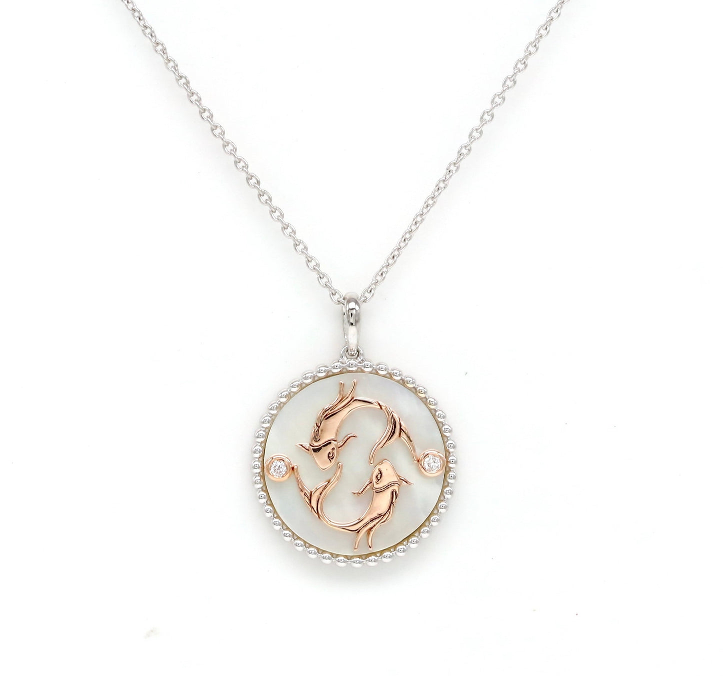 14K Two-toned Gold White Mother of Pearl & Diamond Pisces Horoscope Medallion