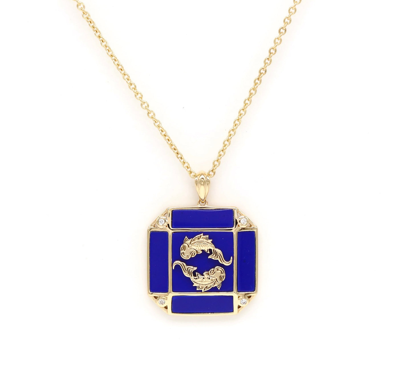 14K Gold Lapis & Diamond Pisces Horoscope Square Pendant Necklace