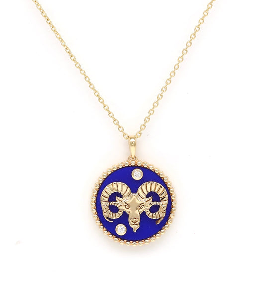 14K Gold Lapis & Diamond Aries Horoscope Medallion