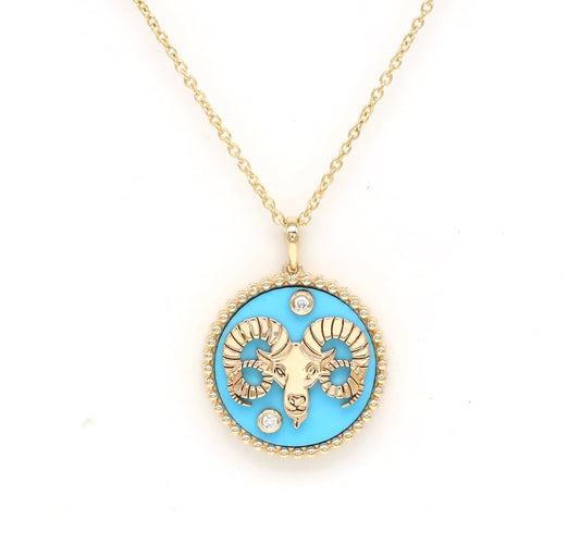 14K Gold Turquoise & Diamond Aries Horoscope Medallion