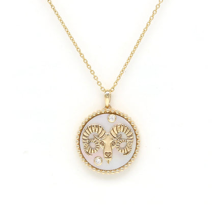 14K Gold White Mother of Pearl & Diamond Aries Horoscope Medallion