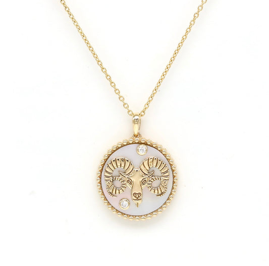 14K Gold White Mother of Pearl & Diamond Aries Horoscope Medallion