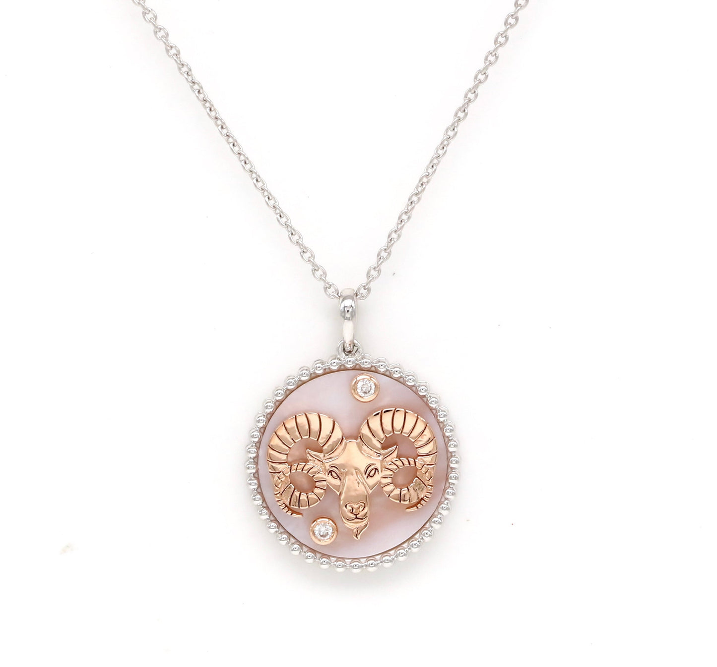 14K Two-toned Gold Pink Mother of Pearl & Diamond Aries Horoscope Medallion