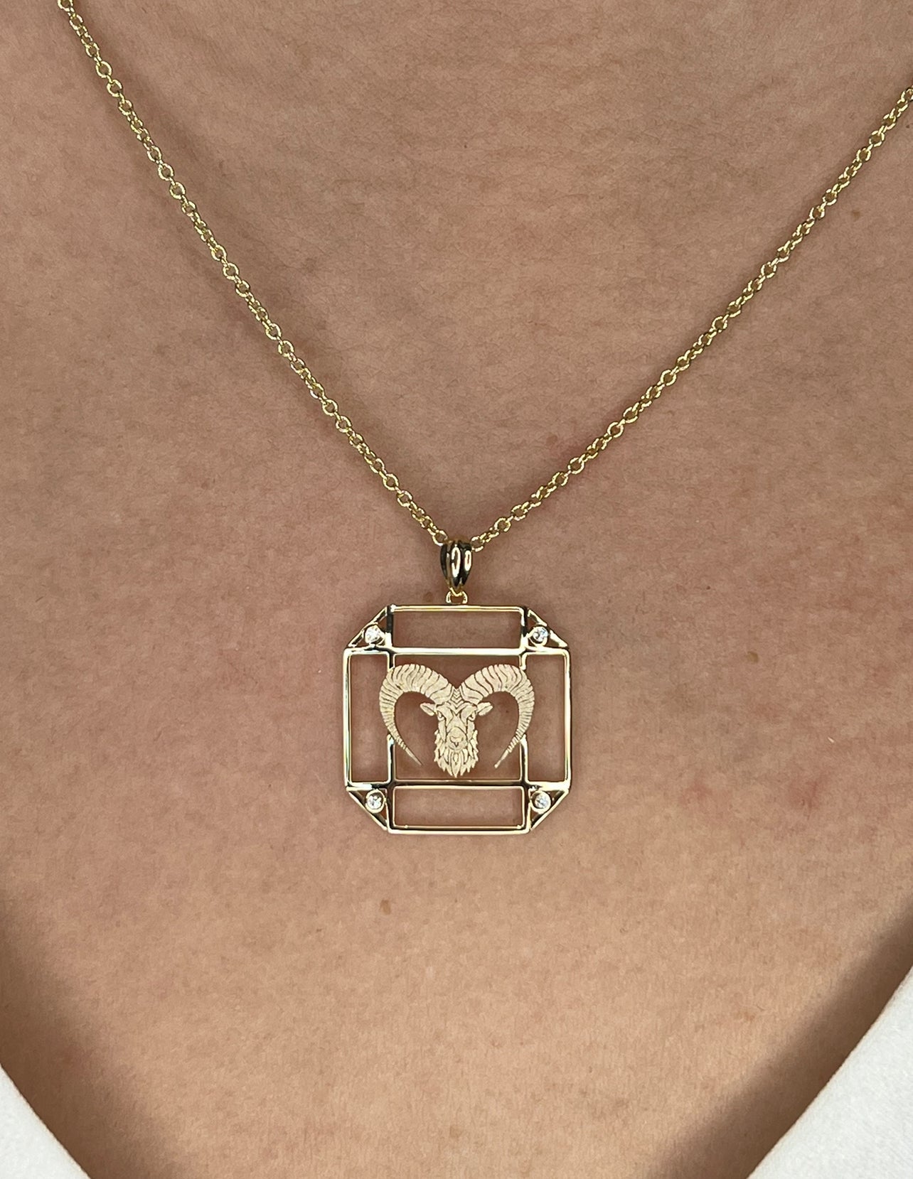 14K Gold & Diamond Aries Horoscope Square Pendant Necklace