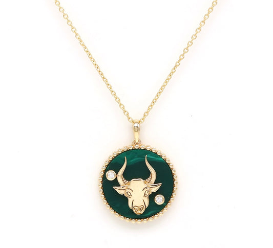 14K Gold Malachite & Diamond Taurus Horoscope Medallion