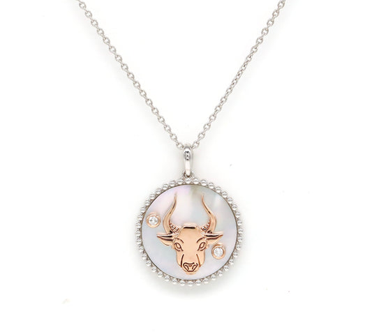 14K Two-toned Gold White Mother of Pearl & Diamond Taurus Horoscope Medallion