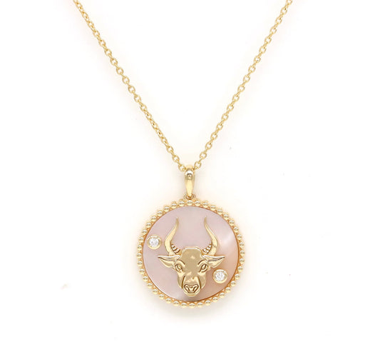 14K Gold Pink Mother of Pearl & Diamond Taurus Horoscope Medallion