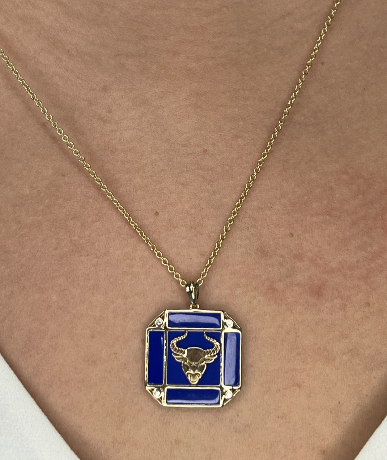 14K Gold Lapis & Diamond Taurus Horoscope Square Pendant Necklace