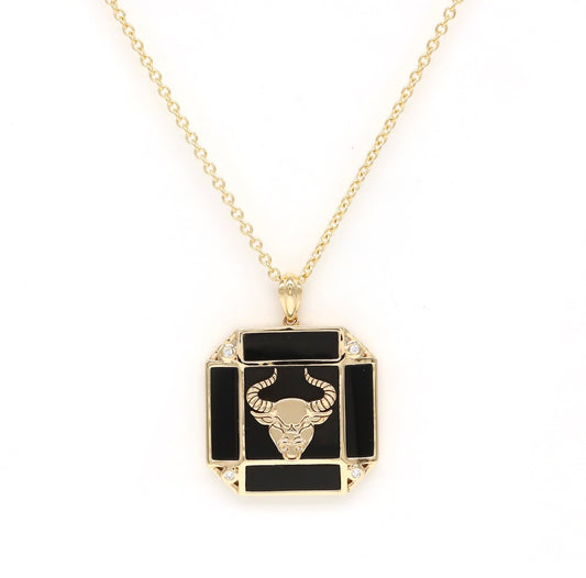 14K Gold Onyx & Diamond Taurus Horoscope Square Pendant Necklace