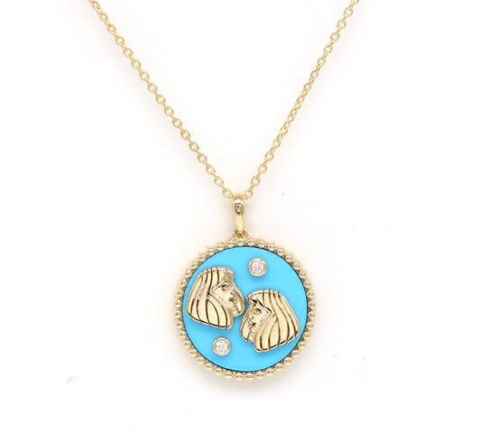 14K Gold Turquoise & Diamond Gemini Horoscope Medallion