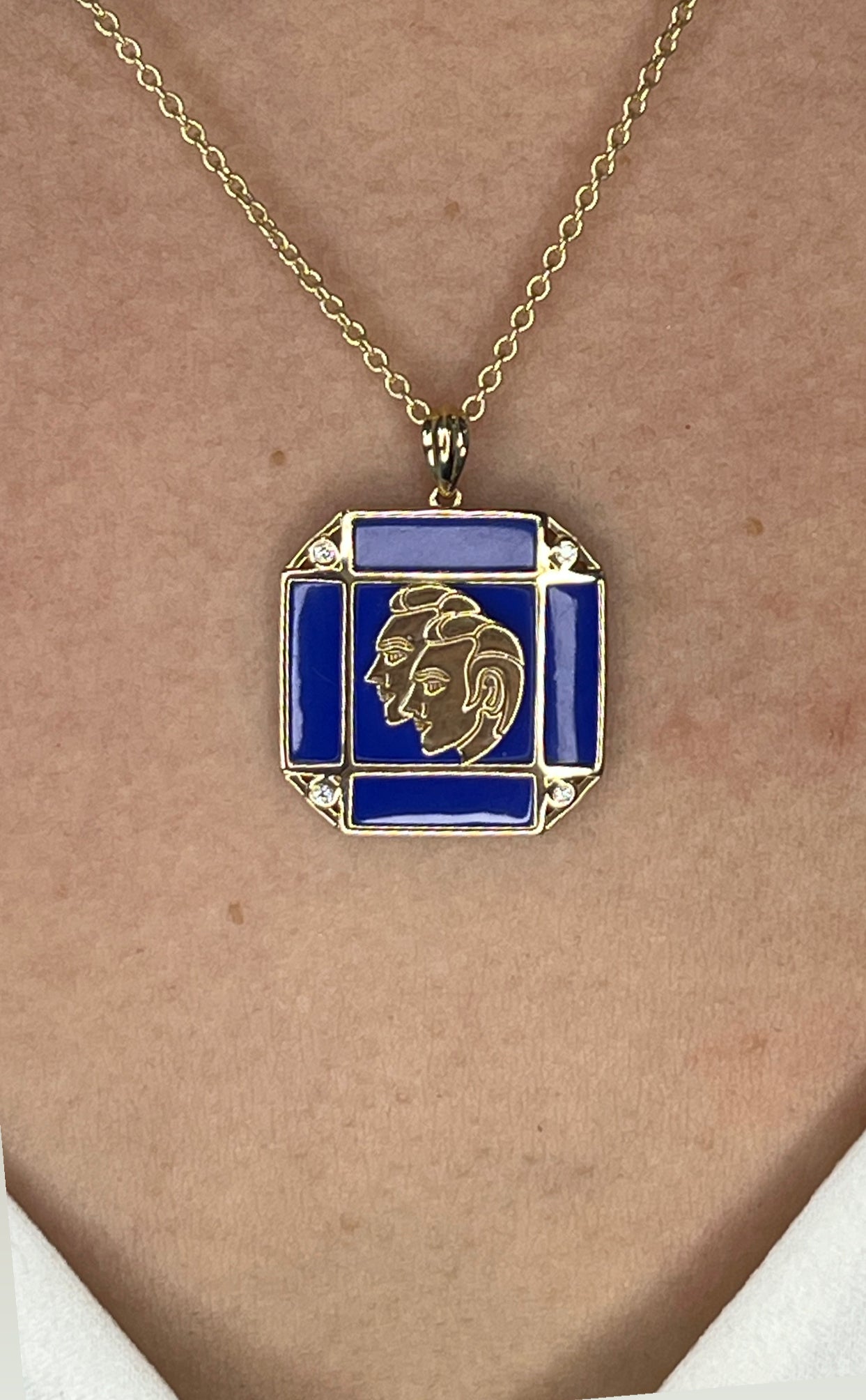 14K Gold Lapis & Diamond Gemini Horoscope Square Pendant Necklace