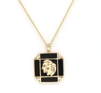 14K Gold Onyx & Diamond Gemini Horoscope Square Pendant Necklace