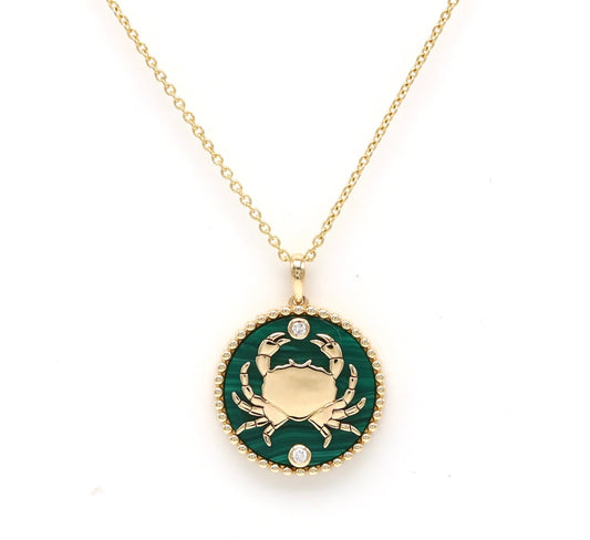 14K Gold Malachite & Diamond Cancer Horoscope Medallion