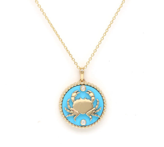 14K Gold Turquoise & Diamond Cancer Horoscope Medallion