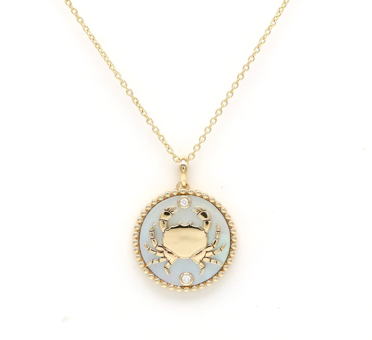 14K Gold White Mother of Pearl & Diamond Cancer Horoscope Medallion