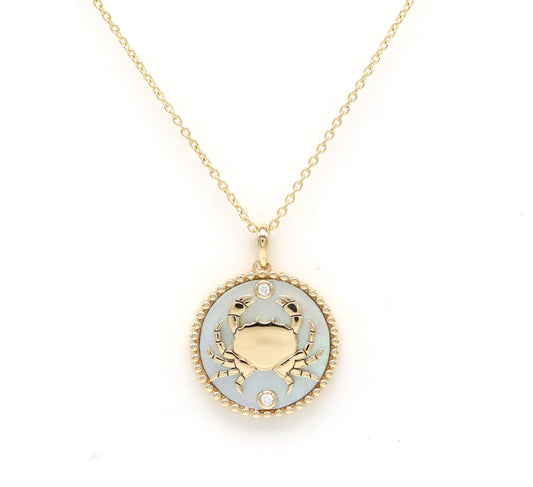 14K Gold White Mother of Pearl & Diamond Cancer Horoscope Medallion