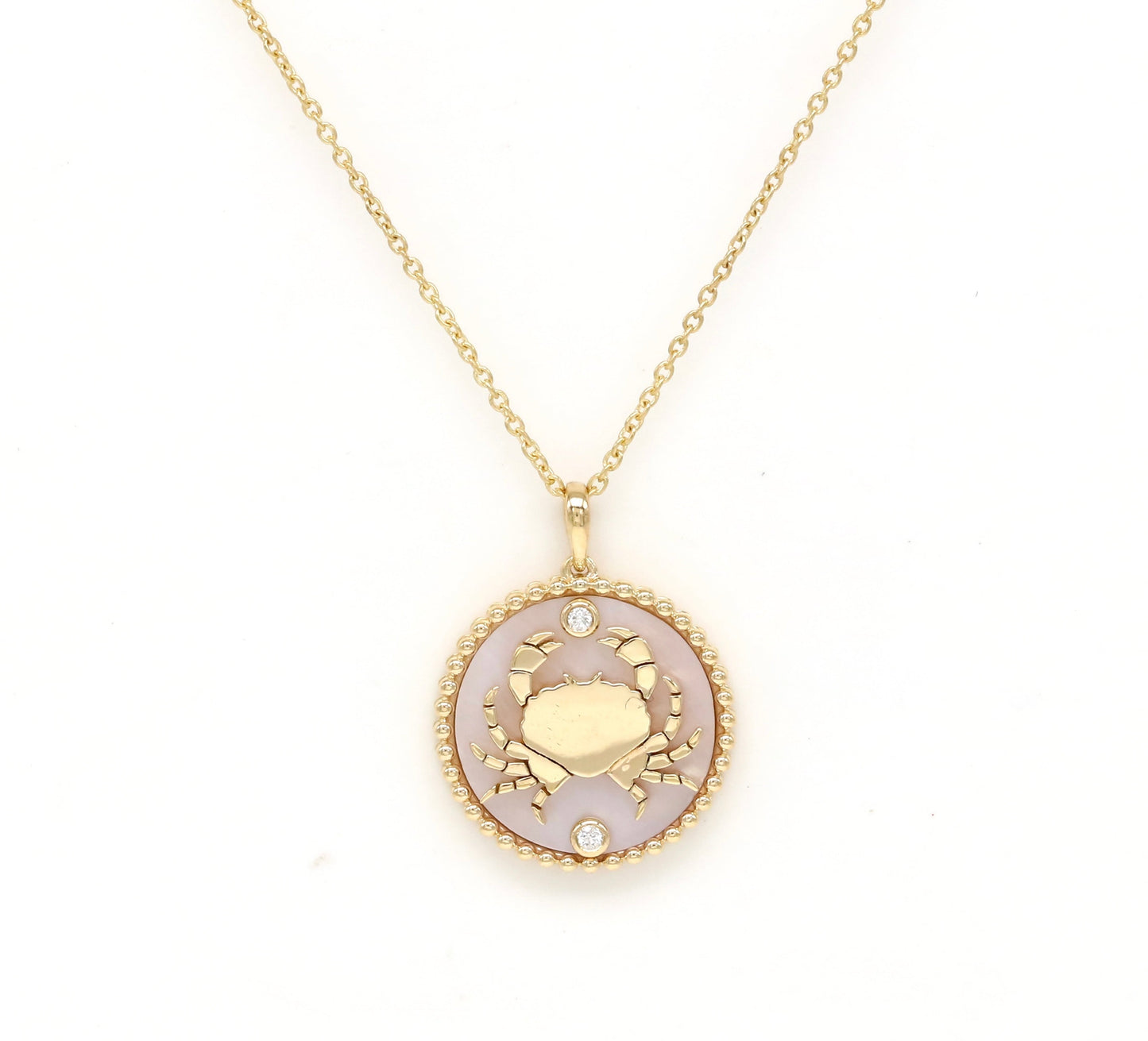 14K Gold Pink Mother of Pearl & Diamond Cancer Horoscope Medallion