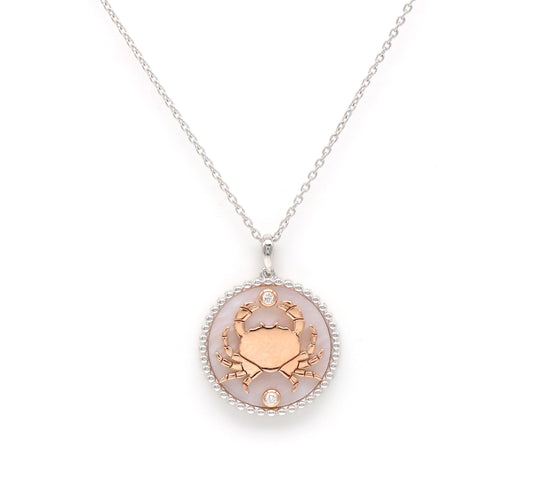 14K Two-toned Gold Pink Mother of Pearl & Diamond Cancer Horoscope Medallion