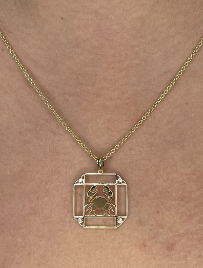 14K Gold & Diamond Cancer Horoscope Square Pendant Necklace