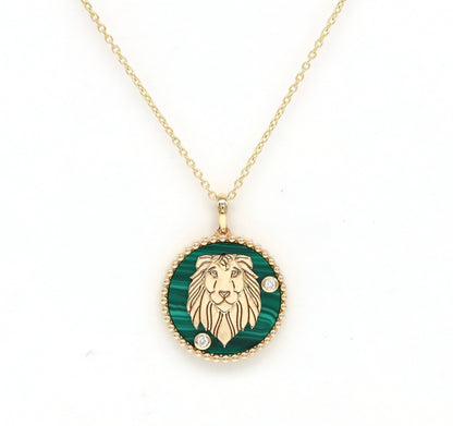 14K Gold Malachite & Diamond Leo Horoscope Medallion