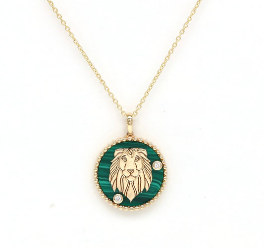 14K Gold Malachite & Diamond Leo Horoscope Medallion