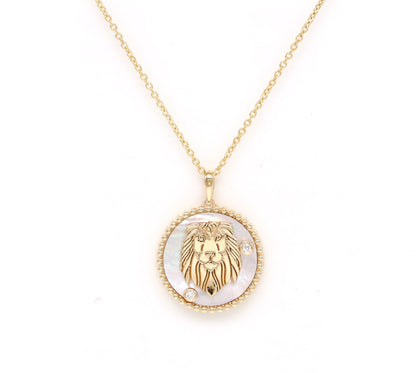 14K Gold White Mother of Pearl & Diamond Leo Horoscope Medallion